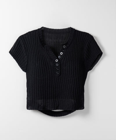 キーネックショートサマーリブニットトップス / Key neck short summer rib knit tops