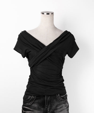 オフショルドレープクロスギャザリングTシャツ /off shoulder draped cross gatherimg T-shirt