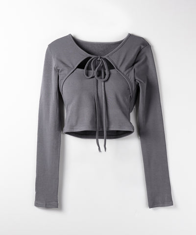 【 2WAY / 裏起毛 】フロントリボンカットアウトドッキングショートトップス / front ribbon cutout docking short tops