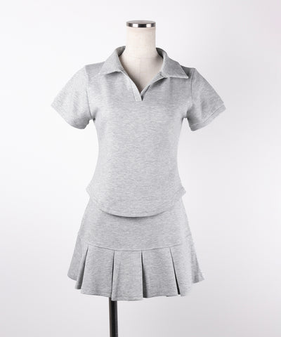 【 2点セット 】スキッパーネック半袖Tシャツ & プリーツミニスカート ワンホンセットアップ / skipper neck short sleeve T-shirt & pleated mini skirt wanghong setup