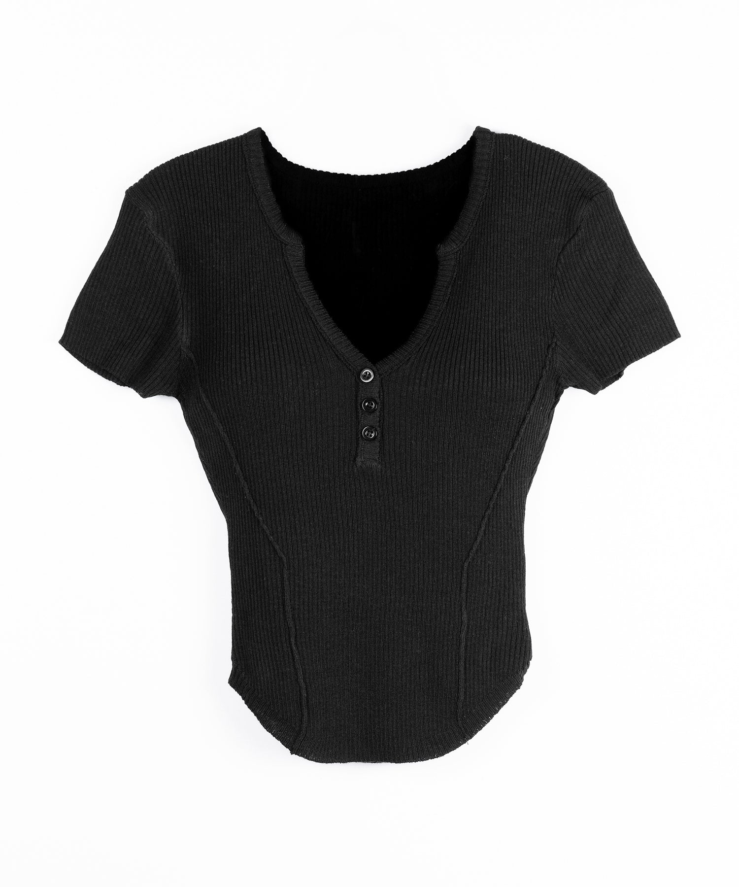 ヘンリーネックタイトフィット半袖リブニットトップス / Henley neck tight fit short sleeve rib knit tops