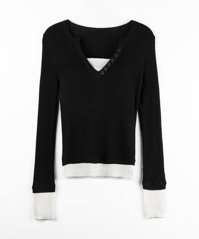 フェイクレイヤードスリムリブニットトップス / Fake layered slim rib knit tops