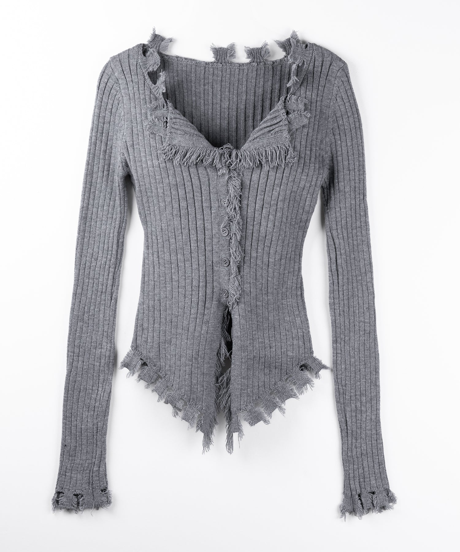 ダメージフリンジリブニットスリムカーディガン / damage fringe rib knit slim cardigan