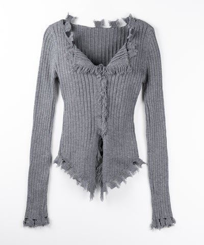 ダメージフリンジリブニットスリムカーディガン / damage fringe rib knit slim cardigan