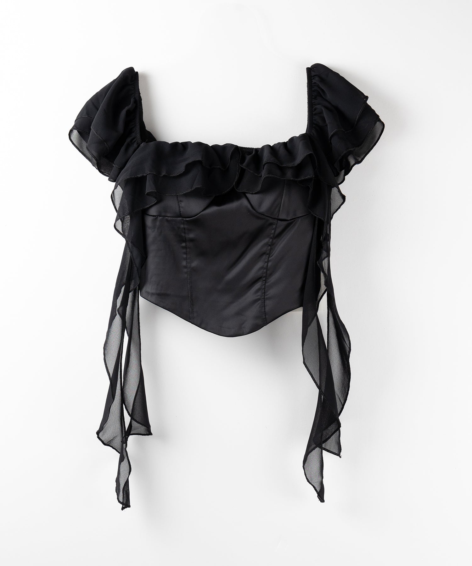 【 2WAY 】シアーフリルコルセットサテンショートブラウス / sheer frill corset satin short blouse
