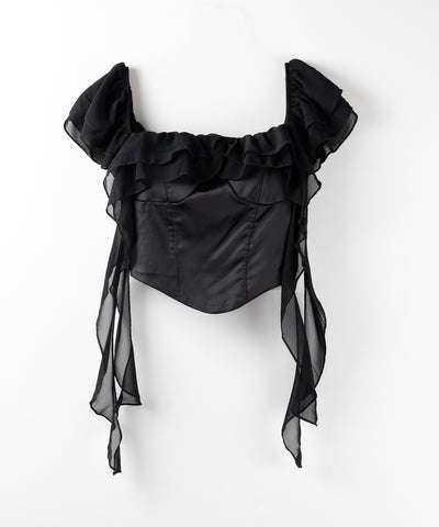 【 2WAY 】シアーフリルコルセットサテンショートブラウス / sheer frill corset satin short blouse