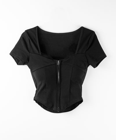 ダブルジップコルセットスクエアネックTシャツ / double zip corset square neck T-Shirt