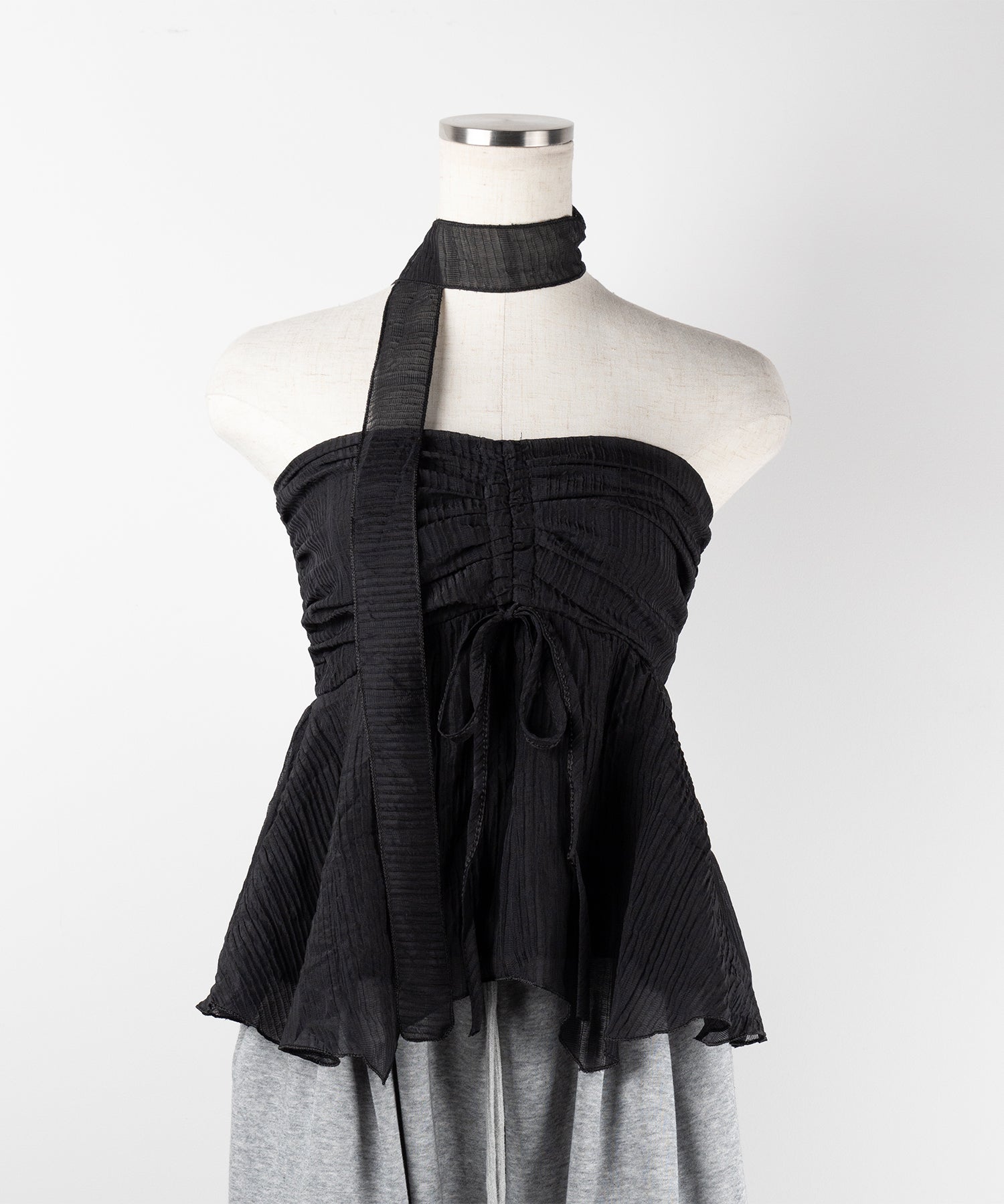 【 チョーカータイ付 】シャーリングリボンペプラムシフォンビスチェトップス / choker tie set shirring ribbon peplum chiffon bustier tops