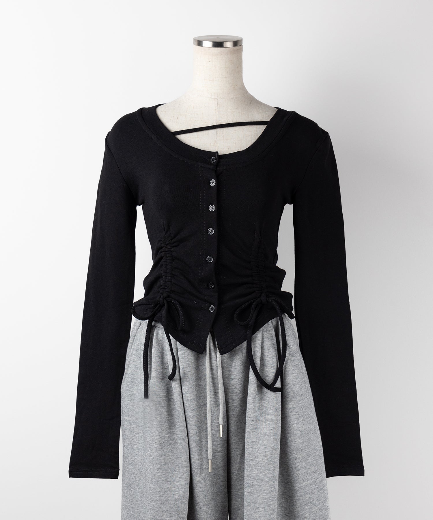 【 2color / 裏起毛 】ナナメストラップダブルシャーリングリボントップス / naname strap double shirring ribbon tops