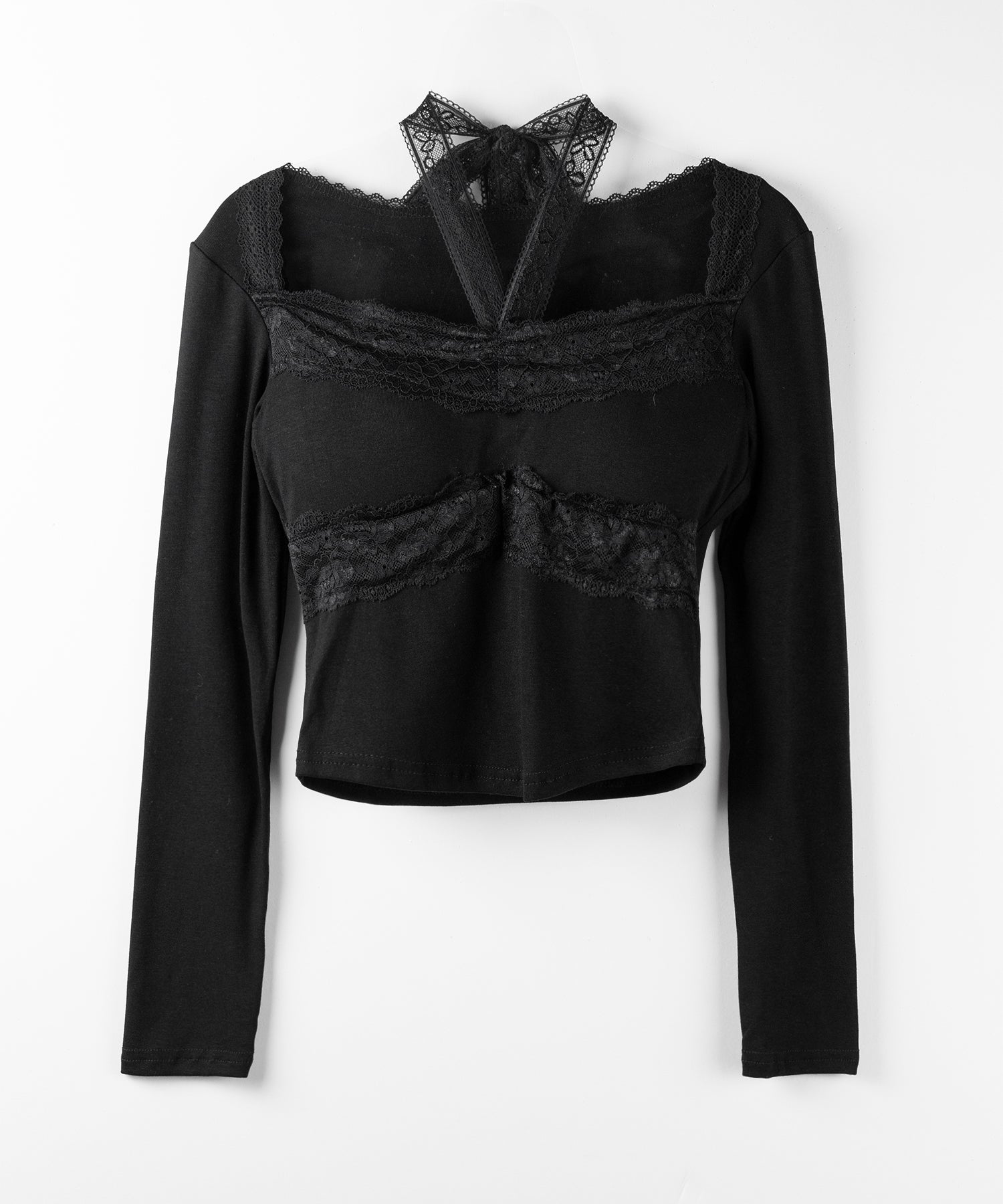 【 2color / 2WAY 】クロスネックレースリボンスクエアカットソートップス / cross neck lace ribbon square cutsaw tops