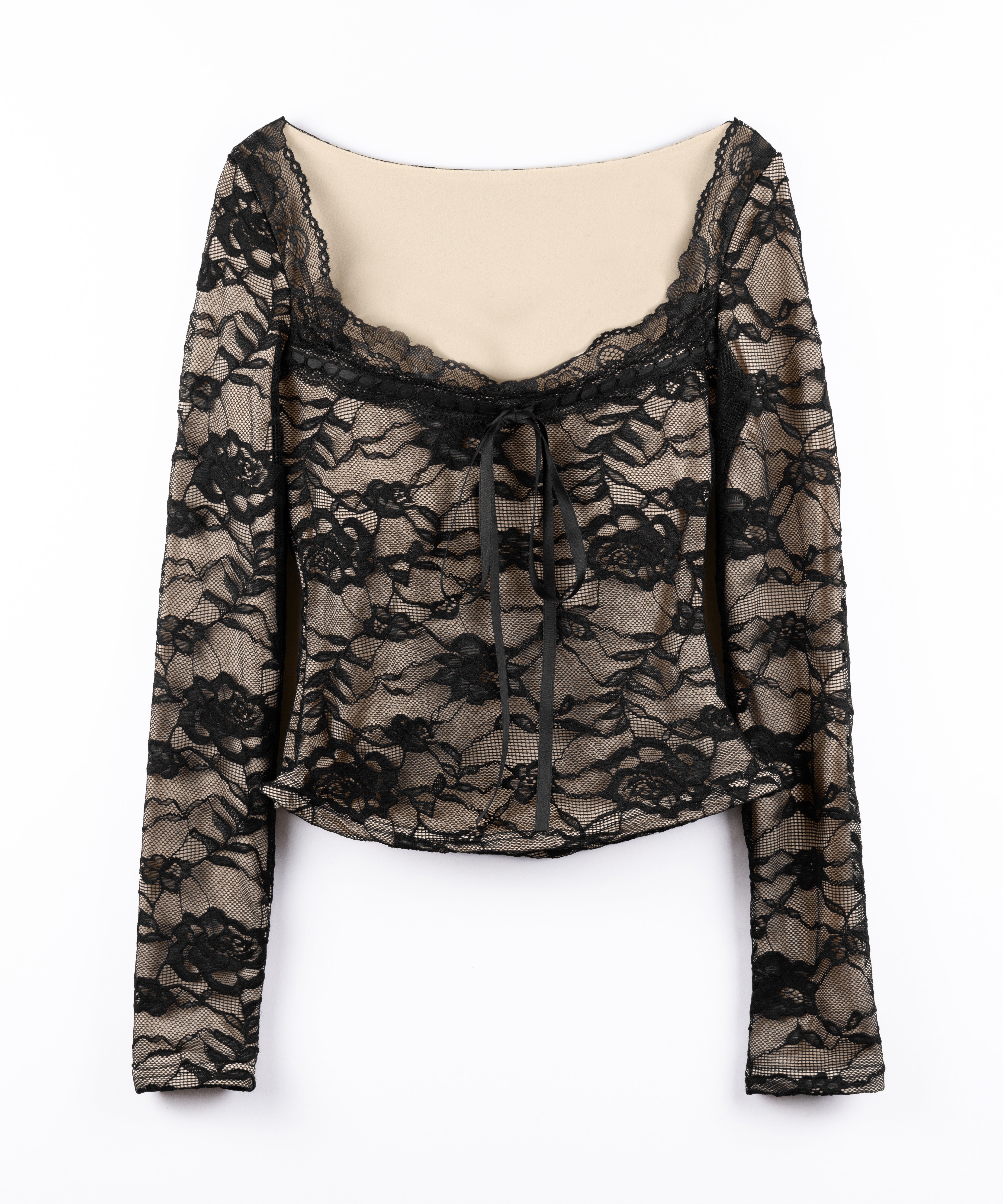 【 裏起毛 】フロントリボンレースレイヤードスクエアネックトップス / urakimo front ribbon lace layered square neck