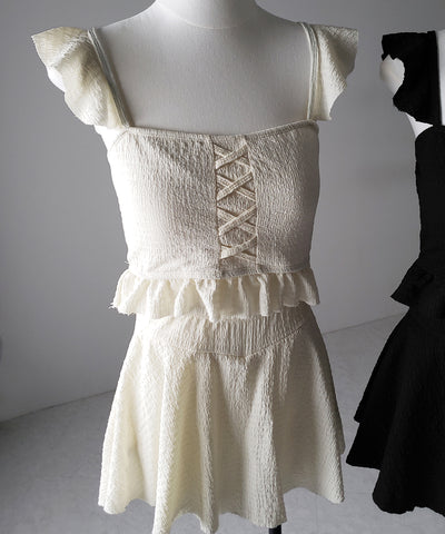 【 レディース水着/2点セット 】レースアップショルダーフリルハイウエストフレアビキニ / lace-up shoulder frill high waist flare bikini