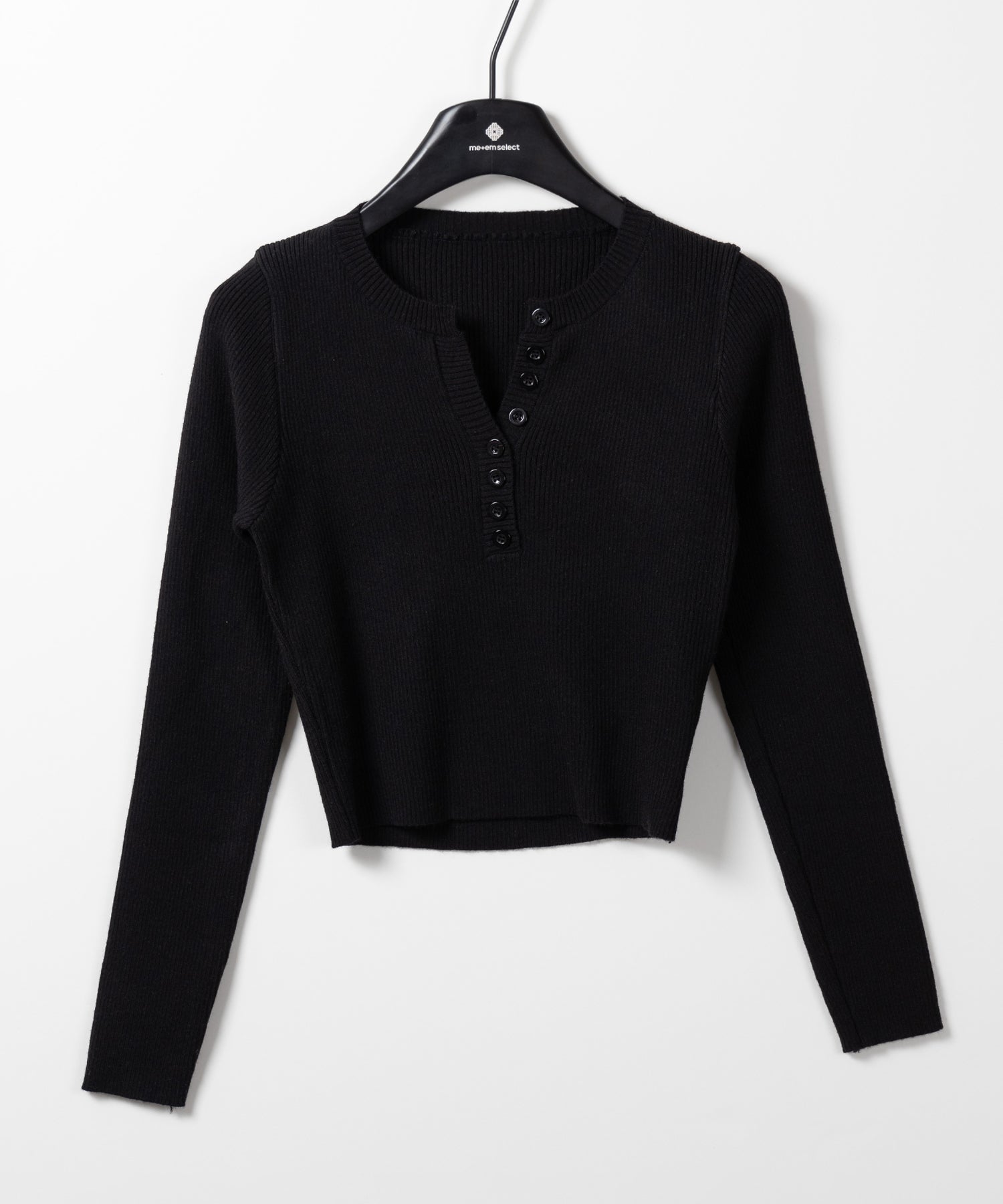 キーネックボタンデザインクロップドリブニット