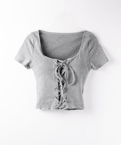 レースアップフロントリボン半袖ショートTシャツ / lace up front ribbon short sleeve short slim T-shirt