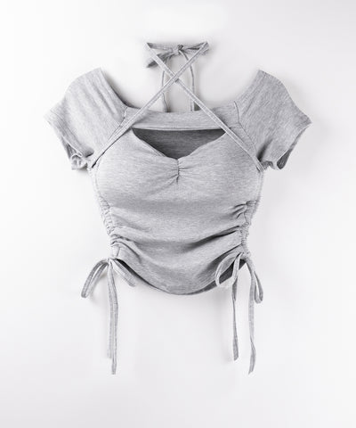 半袖クロスストラップリボンカットアウトオフショルトップス / short sleeve cross strap ribbon cutout offshoulder tops