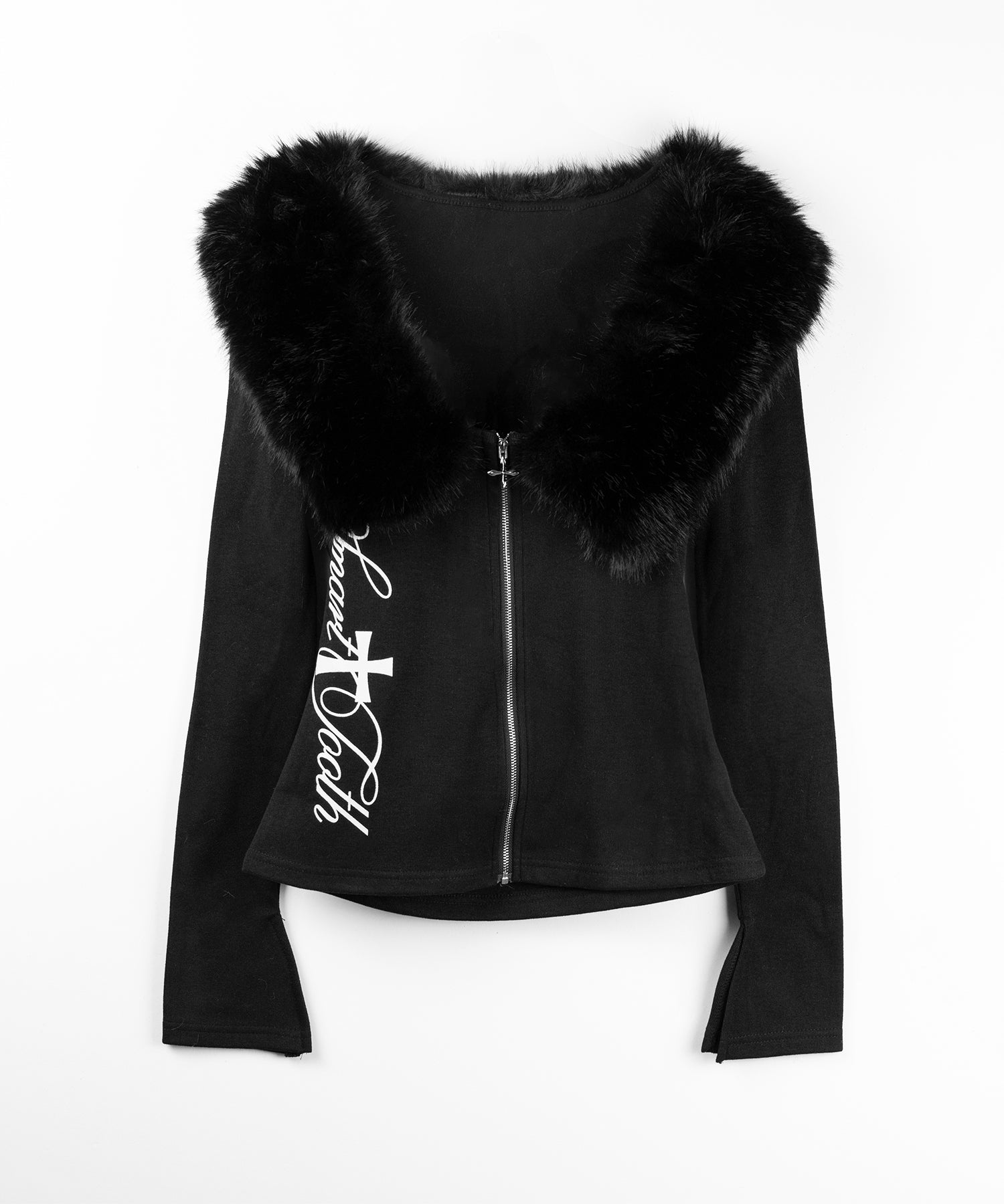 ファー襟クロスロゴジップアップリブカーディガン / fur collar cross logo zipup rib cardigan