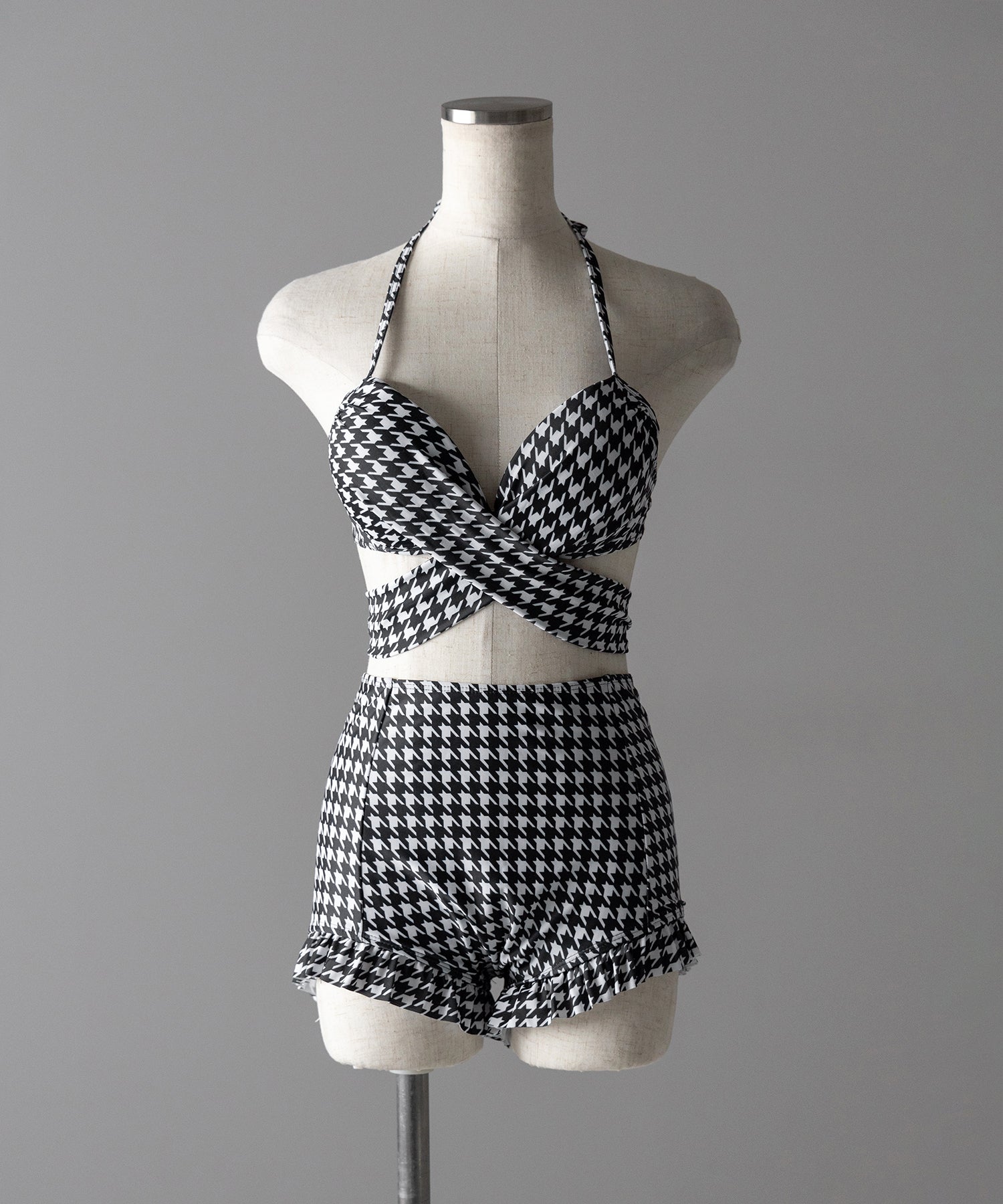 【 レディース水着/2点セット 】千鳥格子柄クロスウエストリボンハイウエストビキニ / houndstooth pattern cross waist ribbon high waist bikini