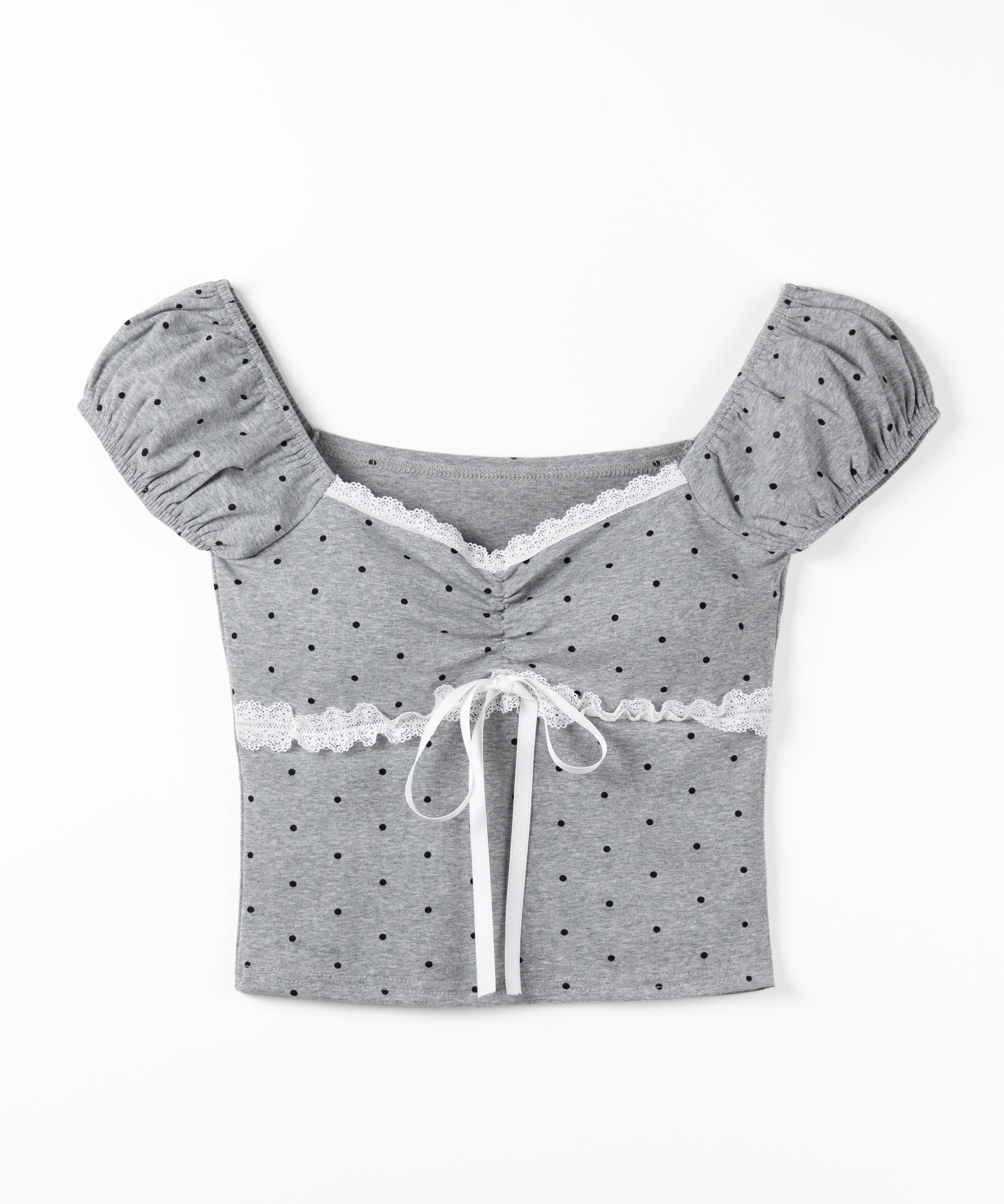 ドットレースリボンギャザーオフショルトップス / dot lace ribbon gathered off shoulder tops