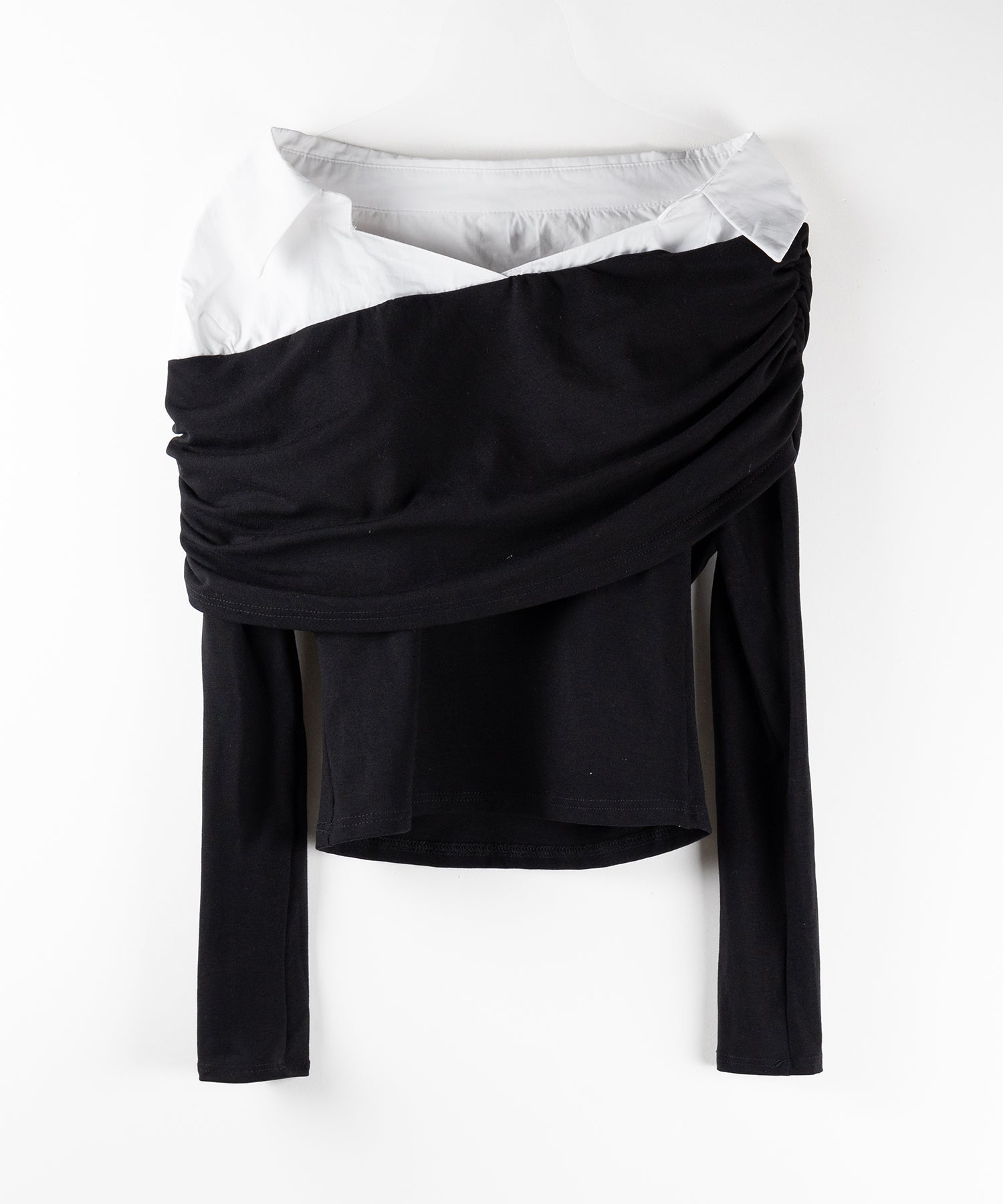 【 2color 】シャツドッキングワイドオフショルトップス / shirt docking wide off shoulder tops