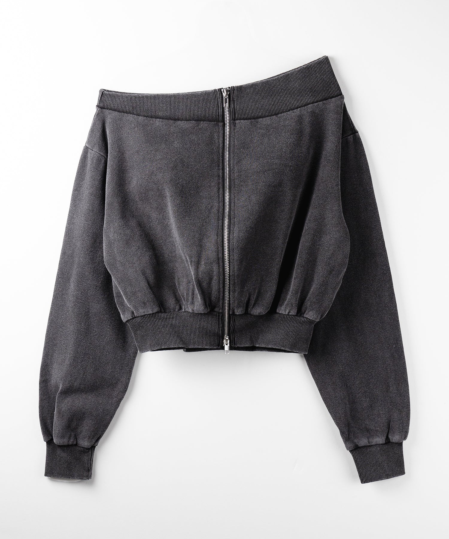 【 2color 】ダブルジップピグメントオフショルスウェットトップス / double zip pigment off shoulder sweat tops