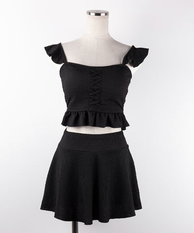 【 レディース水着/2点セット 】レースアップショルダーフリルハイウエストフレアビキニ / lace-up shoulder frill high waist flare bikini