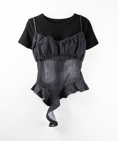 【 2点セット 】ヴィンテージデニムビスチェ & 半袖レイヤードTシャツセット / vintage denim bustier & short sleeve layered T-shirts set