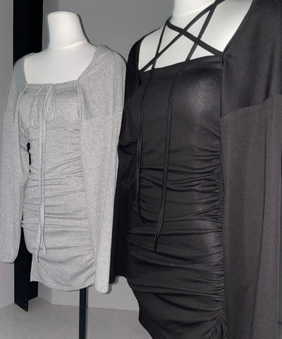 【 2点セット 】シャーリングタイトミニワンピ &フロントリボンショートカーディガン ワンホンセットアップ / shirring tight mini onepiece & front ribbon short cardigan wanghong setup