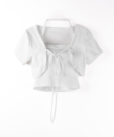 【 2点セット 】フロントリボンショートカーディガン+ ホルターキャミソール SET / front ribbon short cardigan + halter camisole SET