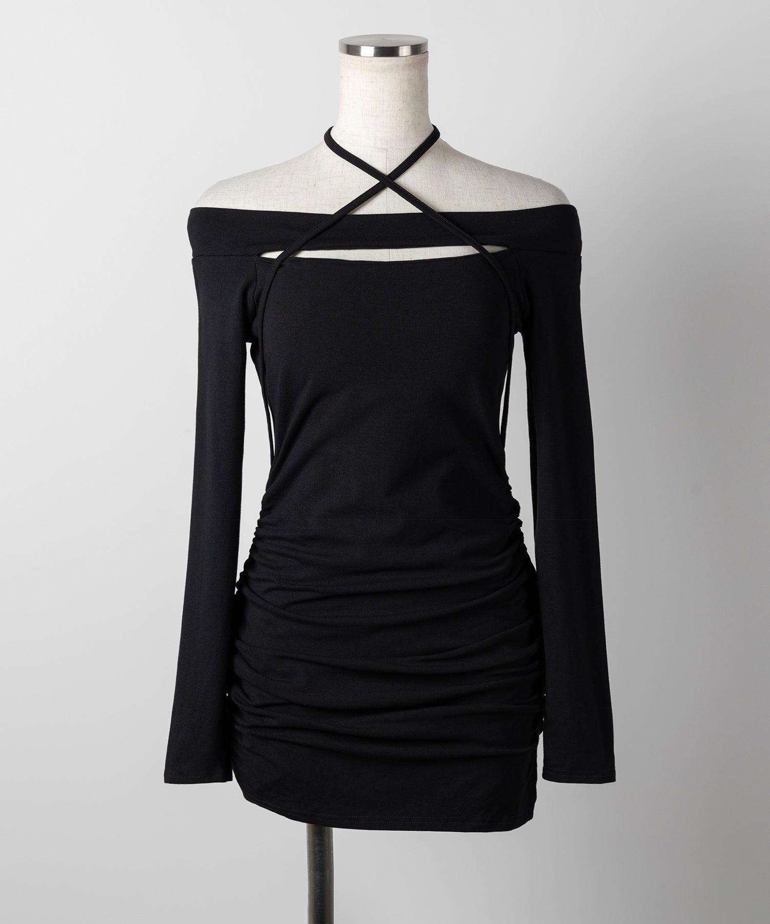 【 2WAY 】クロスストラップリボンカットアウトオフショルミニワンピース / cross strap ribbon cutout offshoulder mini onepiece