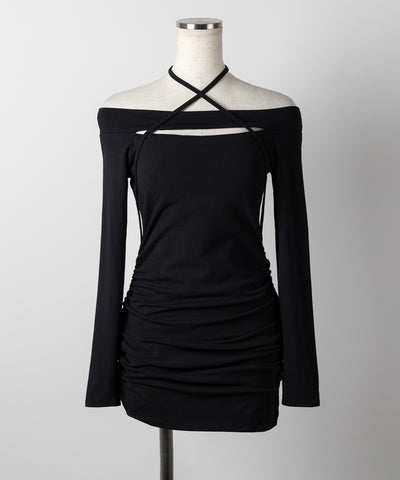 【 2WAY 】クロスストラップリボンカットアウトオフショルミニワンピース / cross strap ribbon cutout offshoulder mini onepiece
