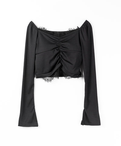 レースドッキングシャーリングショートカットソートップス / lace docking shirring short cutsew tops