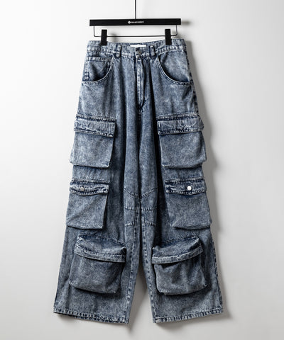 【 デニムセットアップ着用可能 】ヴィンテージケミカルブリーチヘビーワイドカーゴデニム / vintage chemical bleach heavy wide cargo denim