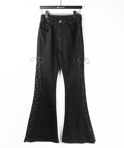 レースアップカットアウトストレッチフレアデニム / lace up cutout stretch flare denim