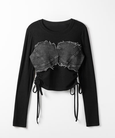サイドリボンダメージデニムドッキングTシャツ / side ribbon damage denim docking Tee