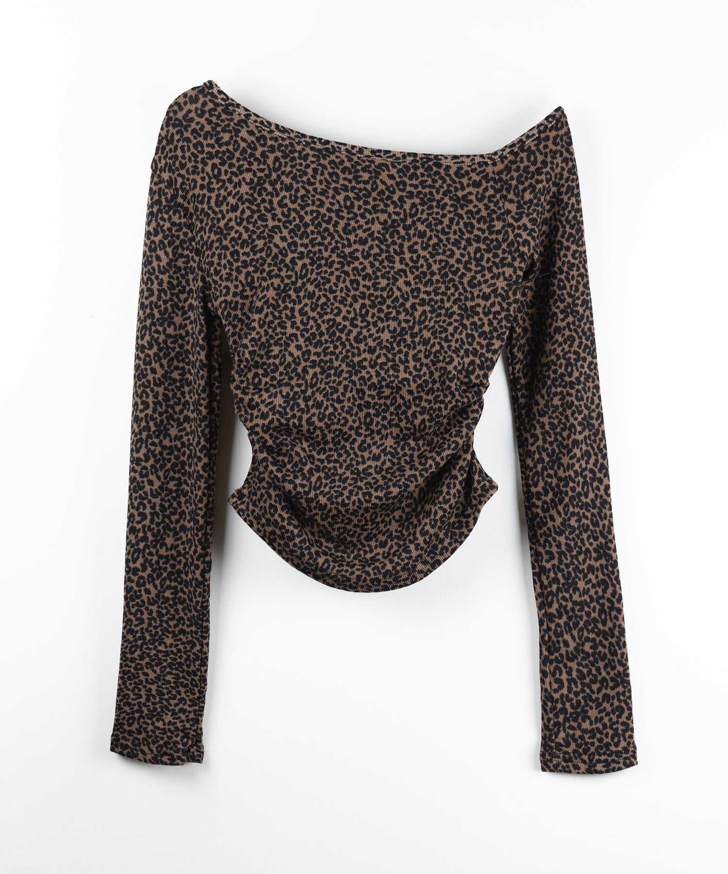 レオパードワンショルシャーリングリブカットソートップス / leopard one shoulder shirring rib cutsew tops