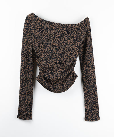 レオパードワンショルシャーリングリブカットソートップス / leopard one shoulder shirring rib cutsew tops