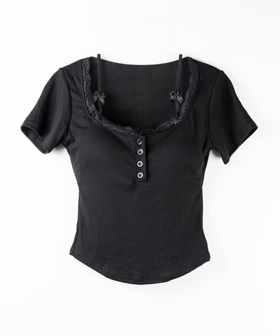 ストラップダブルリボンスクエアネックTシャツ / strap double ribbon square neck T-shirt