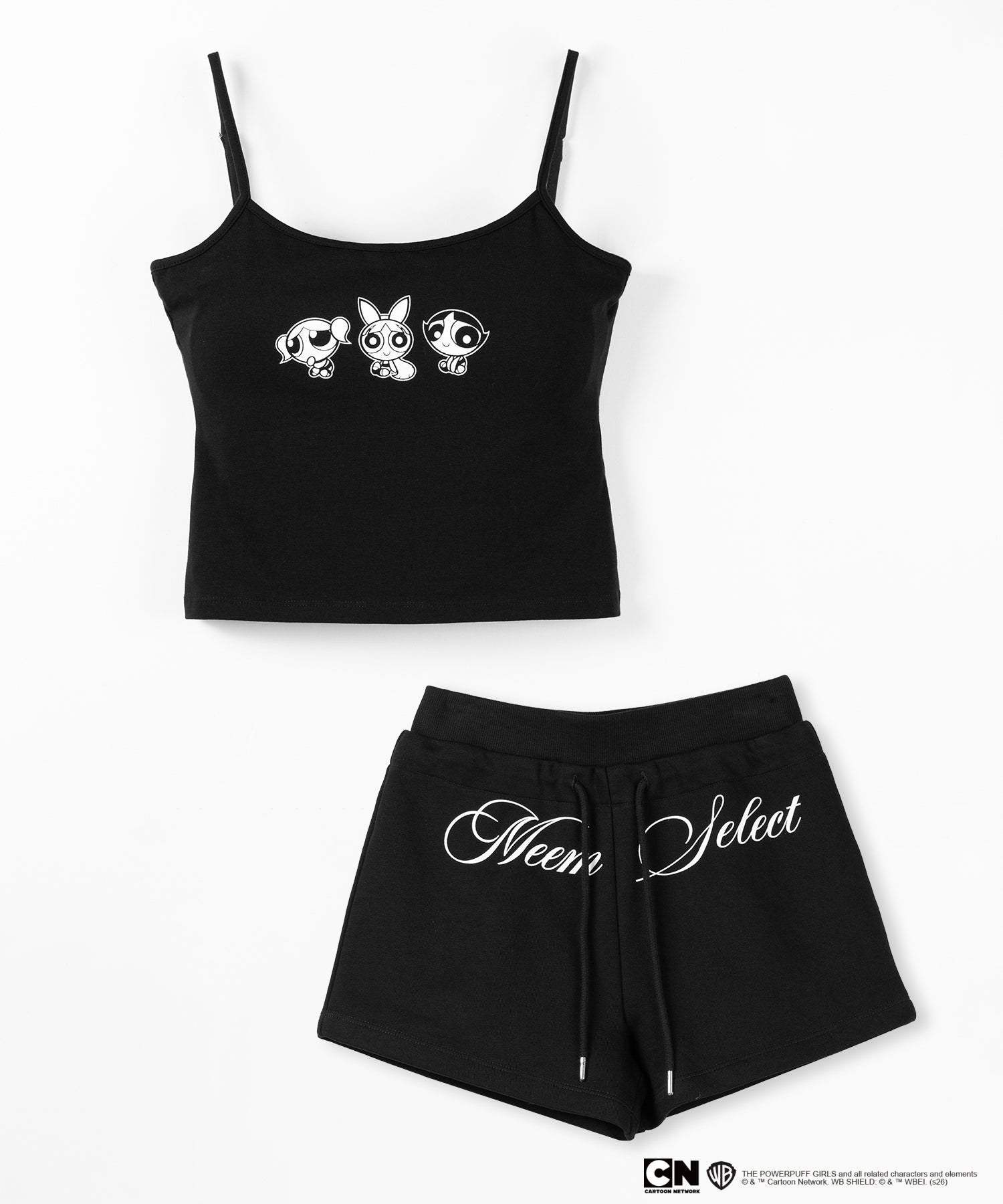 【THE POWERPUFF GIRLS】SETUP パワーパフガールズスクエアネックスリムキャミソール&レタリングロゴショートパンツ / square neck slim camisole & lettering logo short pants