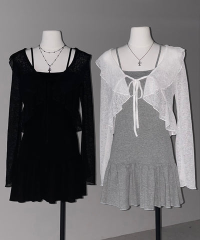 【 2点セット 】フレアキャミワンピ &シアーフリルリボンカーディガン ワンホンセットアップ / flare camisole onepiece & sheer frill ribbon cardigan wanghong SETUP