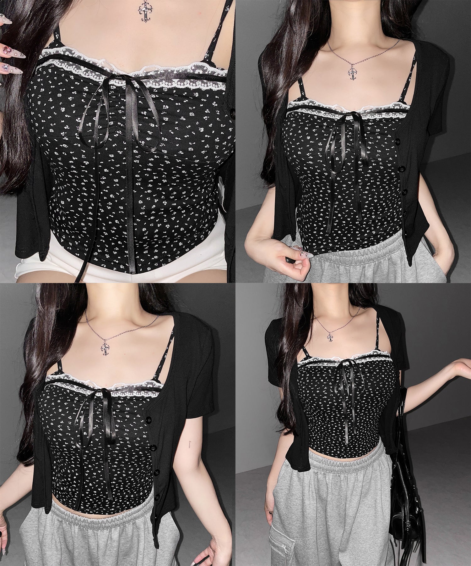 【 2点セット 】小花柄レースリボンキャミソール + カーディガンセット / mini flower lace ribbon camisole + cardigan SET