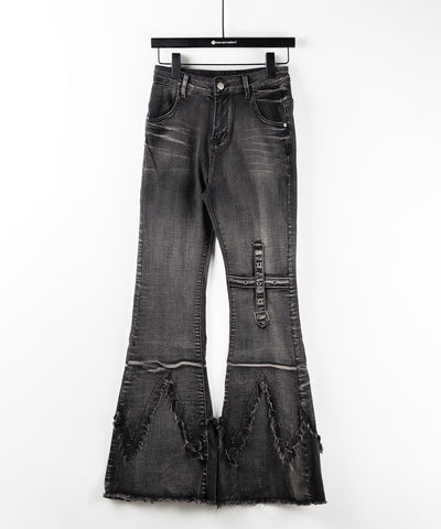 クロスデザインヴィンテージライクフリンジストレッチフレアデニム / cross design vintage-like fringe stretch flare denim
