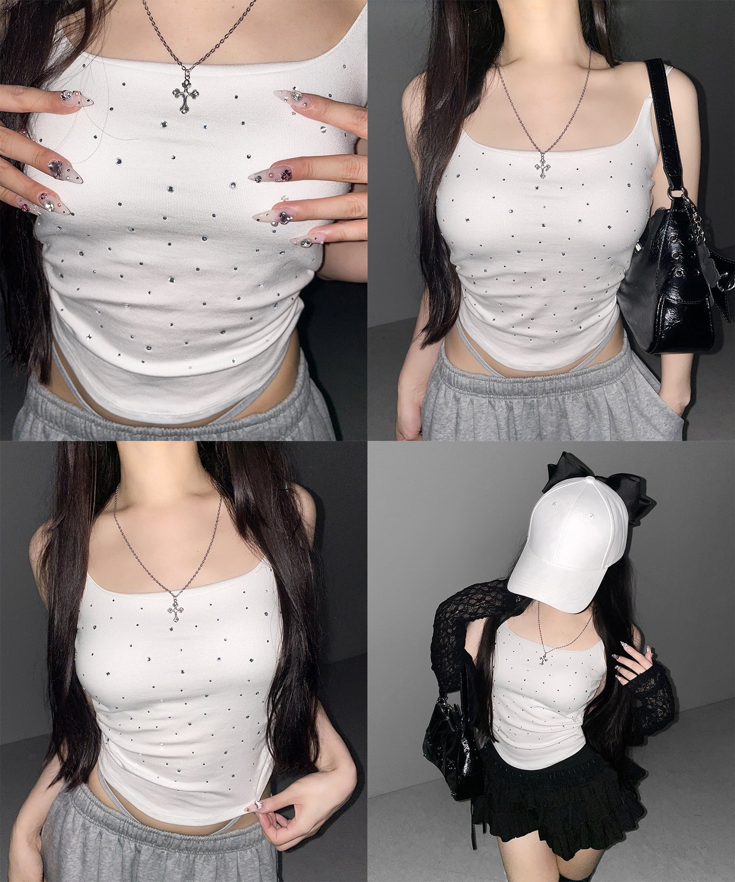 ラインストーンスクエアネックスリムキャミソール / Rhinestone square neck slim camisole