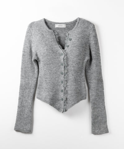 レースドッキングスパングルキーネックニットカーディガン / lace docking spangle key neck knit cardigan