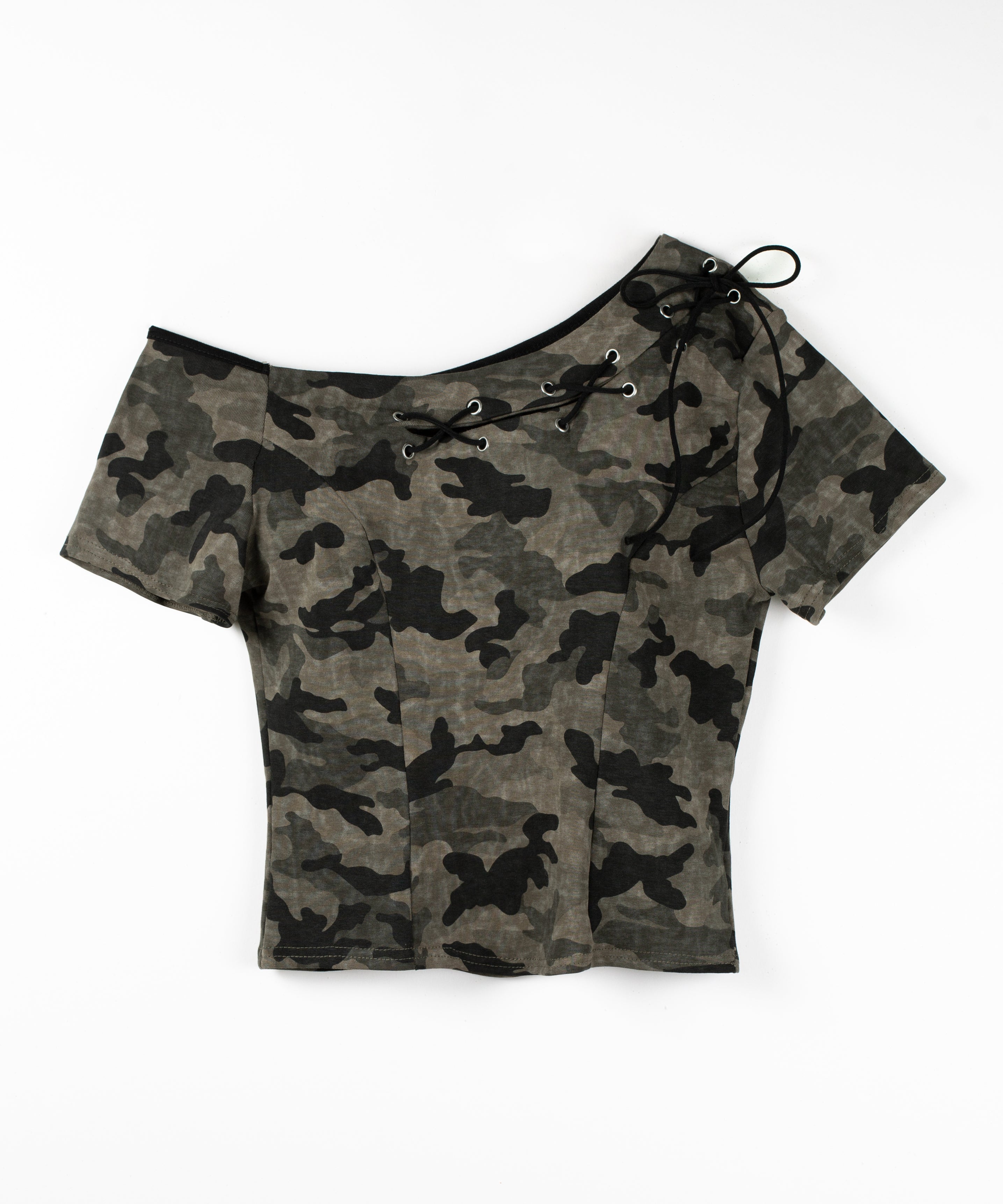ヴィンテージカモフラカットアウトレースアップワンショルTシャツ / Vintage camouflage cutout laceup one shoulder T-shirt