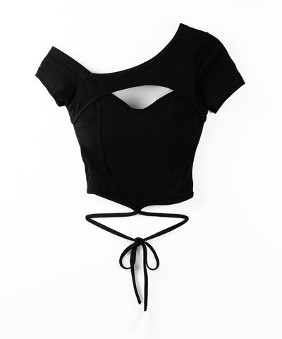 胸開きカットアウトクロスストラップワンショルダーTシャツ / open chest cutout cross strap one shoulder T-shirts