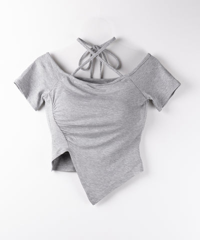 クロスネックアシメギャザーオフショルTシャツ / cross neck asymmetry gather off shoulder T-shirt