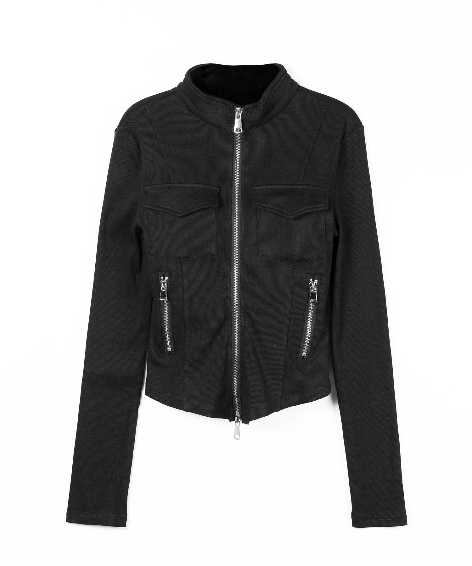 アウトポケットダブルジップスリムリブトップス / out pocket double zip slim ribbed tops