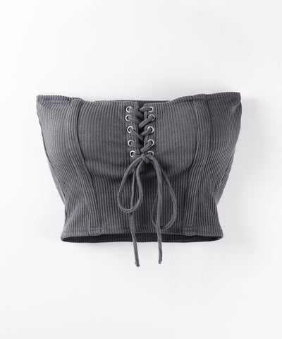 【カップ付き 】レースアップコルセットリボンショートリブベアトップ / laceup corset ribbon short ribbed bare top