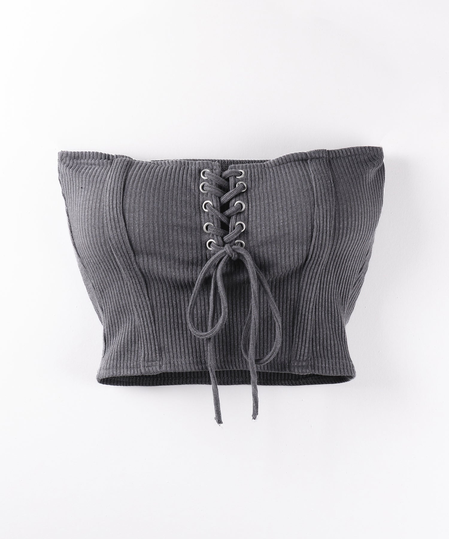 【カップ付き 】レースアップコルセットリボンショートリブベアトップ / laceup corset ribbon short ribbed bare top