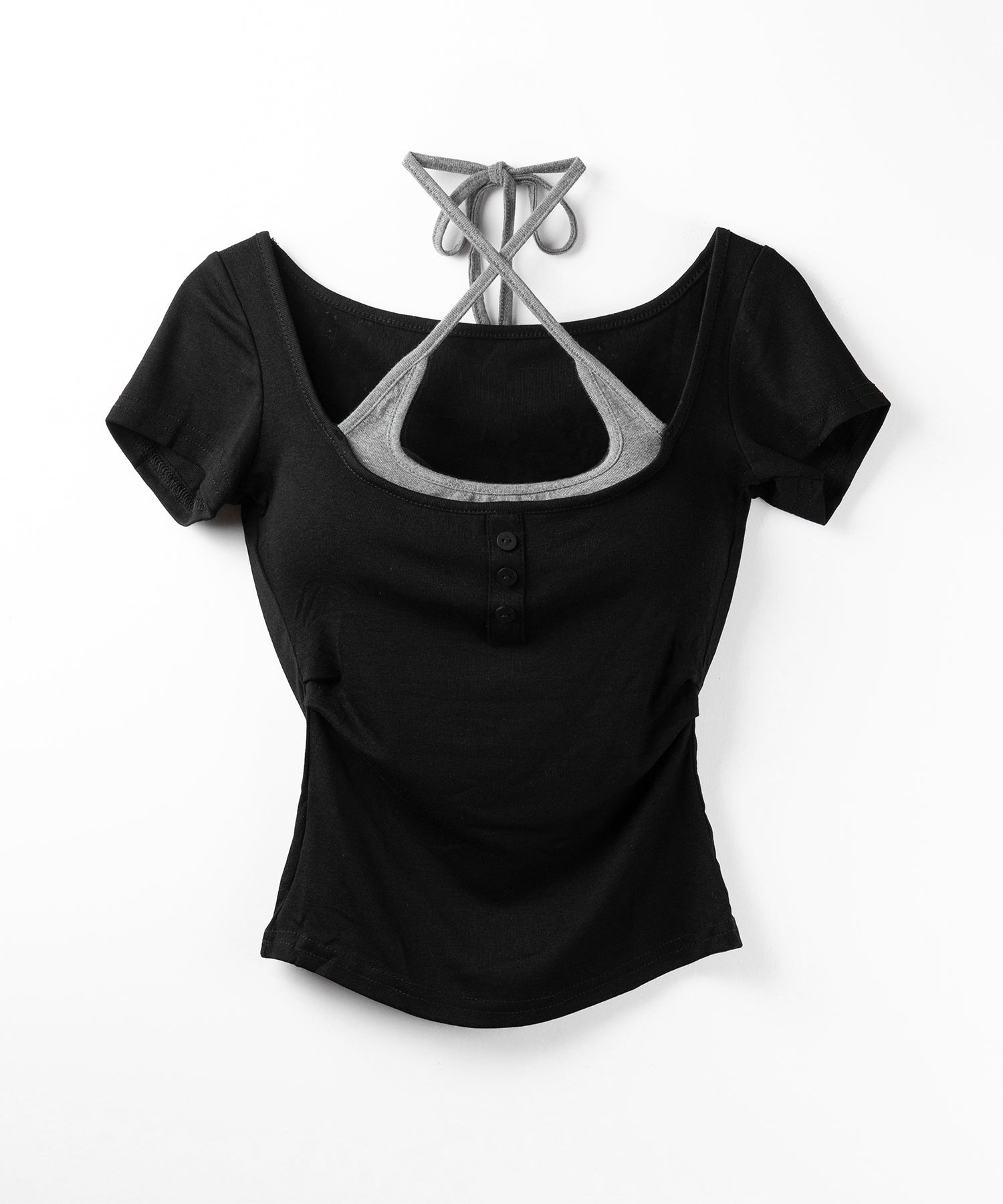 フェイクレイヤードヘンリーネック半袖チビTシャツ / fake layered henley neck short sleeve chibi T-shirt